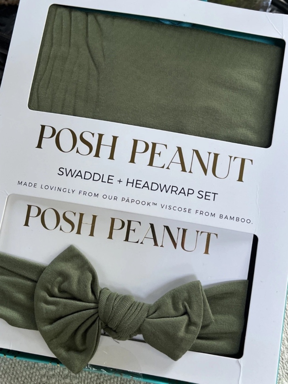 NIB Baby SWADDLE BLANKET Headwrap Set Posh Peanut Olive Green Bamboo